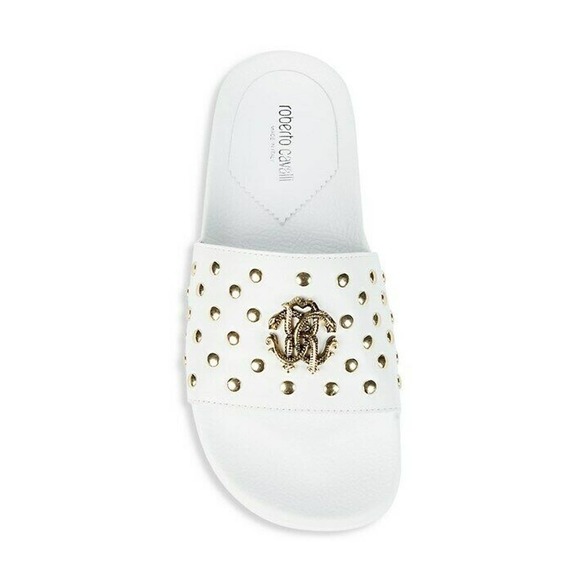 ROBERTO CAVALLI WHITE LEATHER SNAKE MEDALLION LOGO STUDS SANDAL 42.5 / 9.5 ITALY - Picture 11 of 12